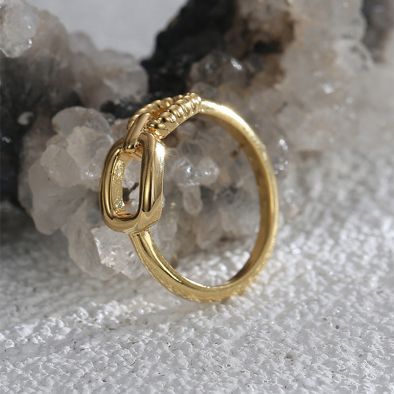R0565 Fashion Simple Elegant Asymmetric Ring for Women Brass Gold-Plated Lock Buckle Striped Ring