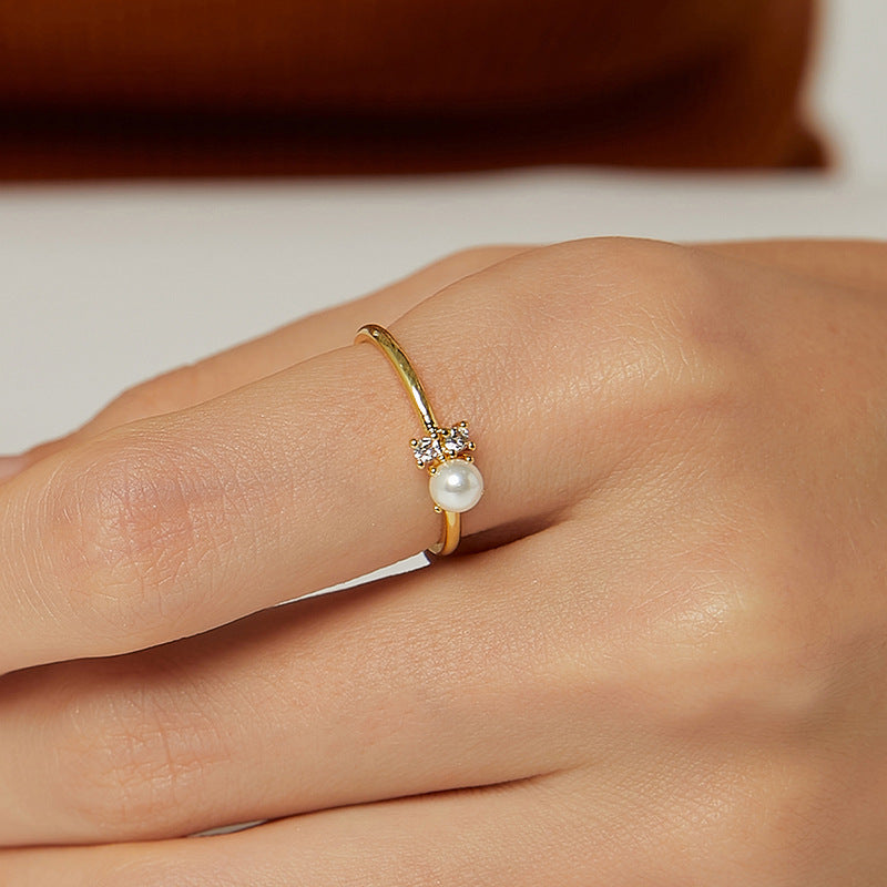 R0227 New Zircon Shell Pearl Ring for Women, Minimalist Joint Ring, Fashionable Retro