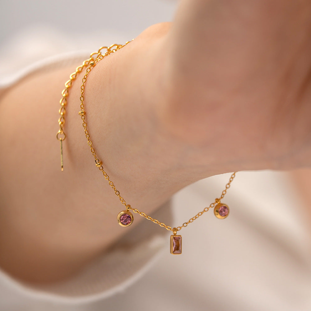 2H 18K Gold Square Pink Purple Round Pendant Bracelet Versatile Non-Fading Bracelet Jewelry