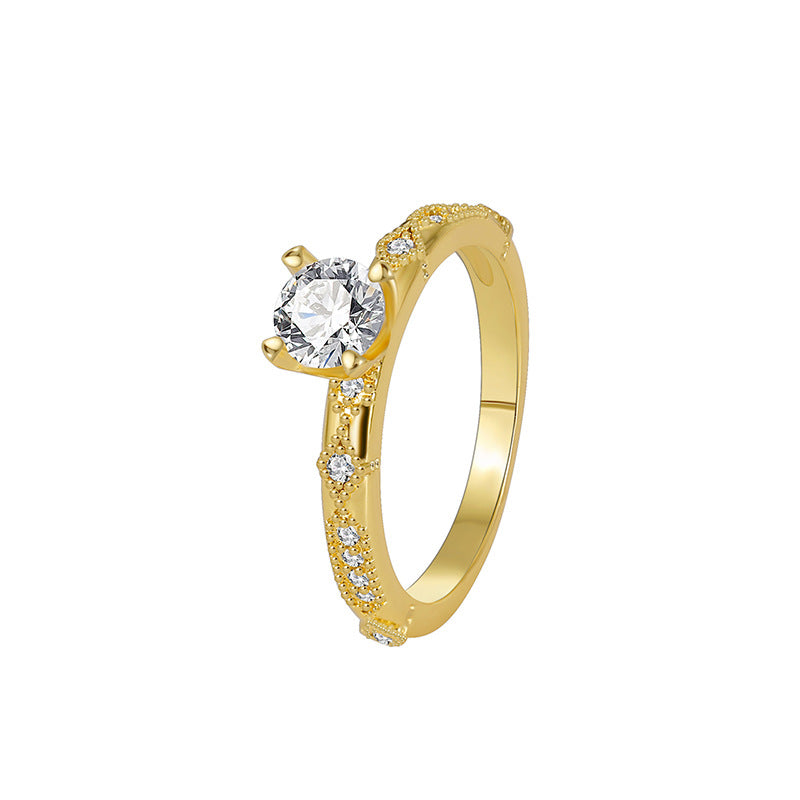 R0364 Fashion Four-Claw Brass Gold-Plated Zircon Ring for Women New Simple Tail Ring