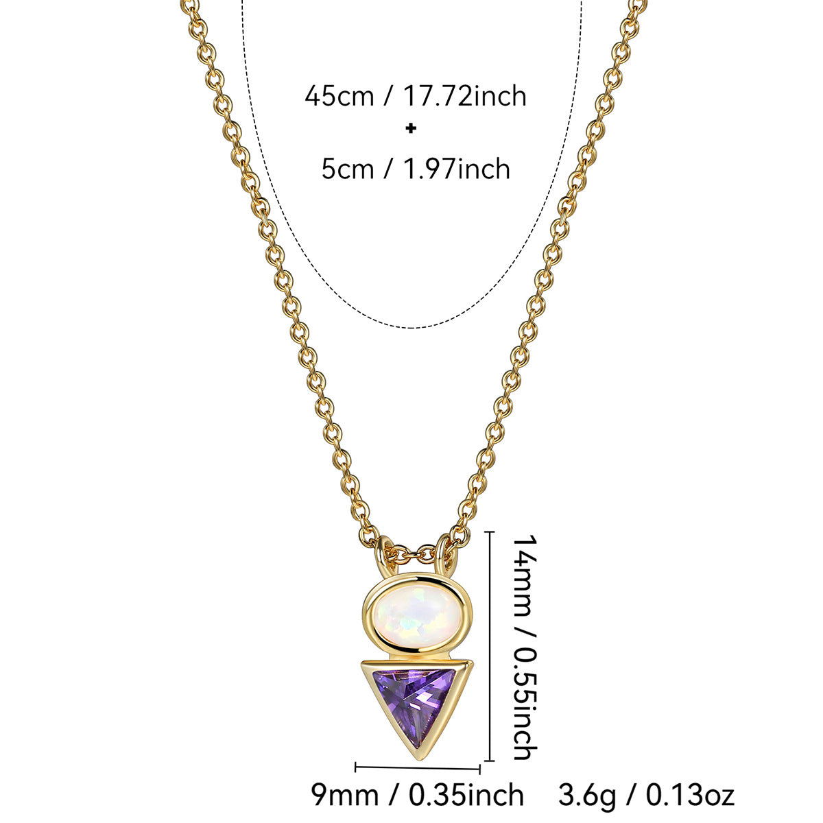 N0175 Iridescent Opal Triangle Purple Zircon Pendant for Women Simple Style Opal Collarbone Chain