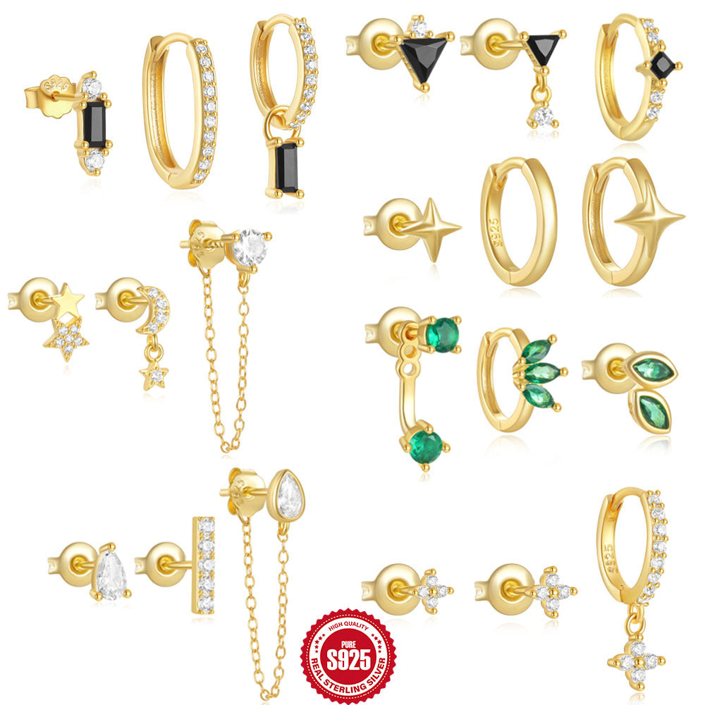 S925Sterling Silver Inlaid Diamond Star Moon Horse Eye Stud Earrings Hoop Earrings Hot-Selling Trendy Earrings Set