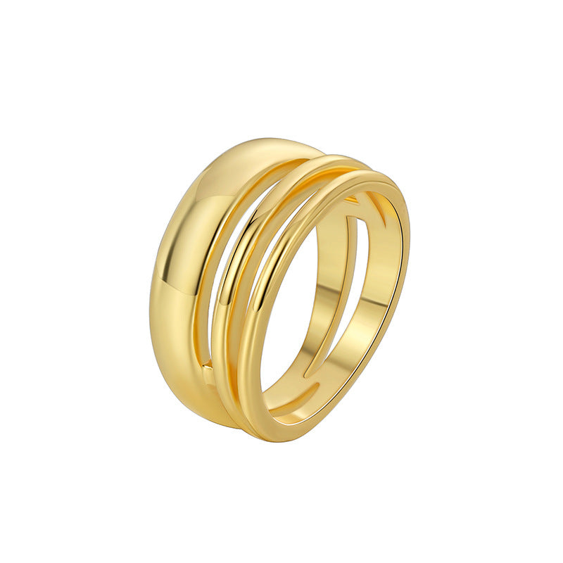 R0582 Fashion Design Sense Surround Ring for Women, Copper Plated with Real Gold, Minimalist Multi-layer