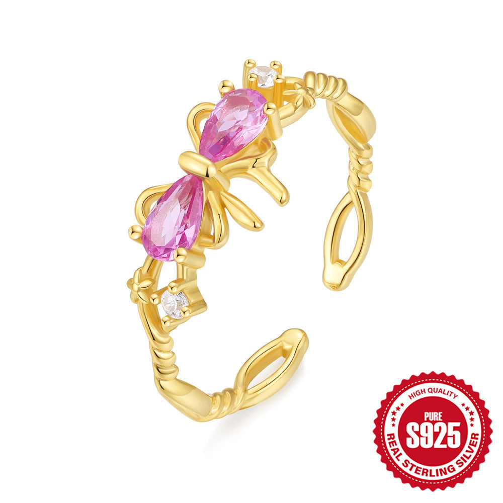 New S925Sterling Silver Bow Moon Colorful Diamond Open Ring Hot-Selling Opal Index Finger Ring