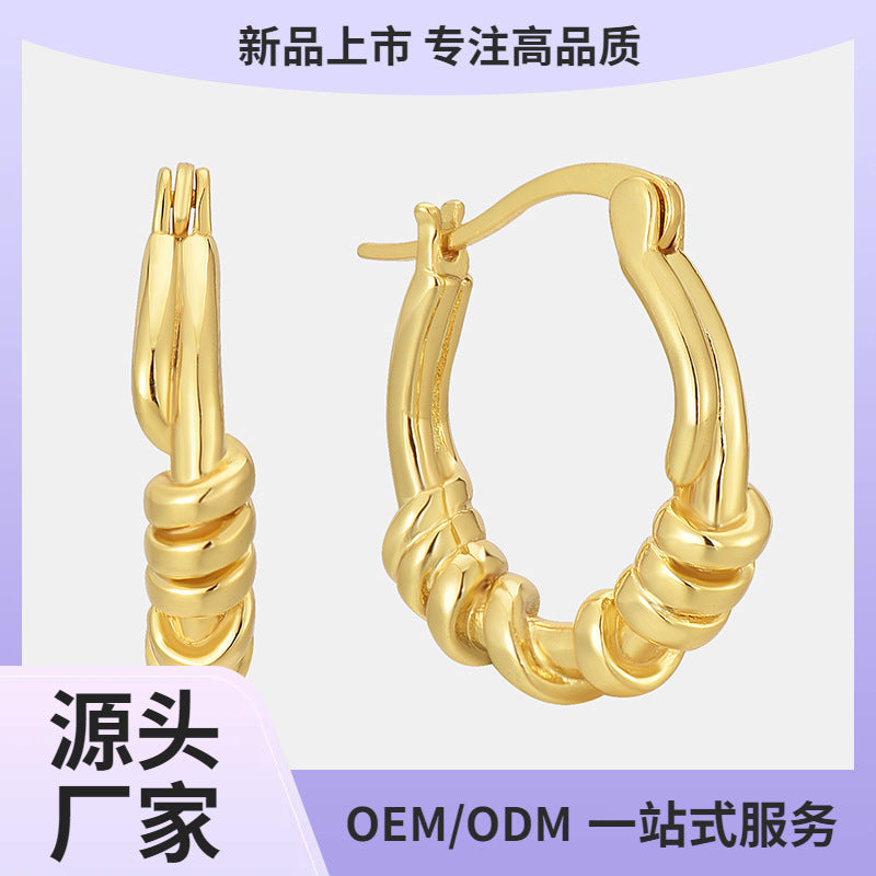 E0635 Design Sense Knot Wrapped Earrings for Women, Brass Gold-Plated Minimalist Style Ear Clips