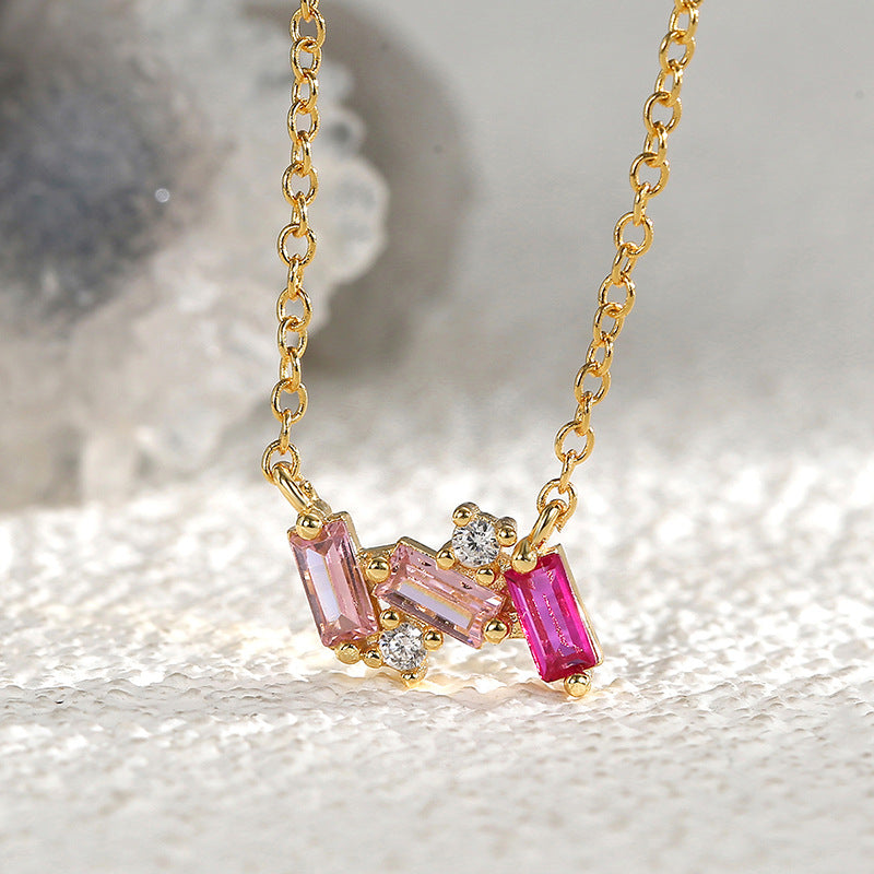 N0179 Fashion Pink Zircon Micro-inlaid White Zircon Necklace for Women Trendy Jewelry Collarbone Chain