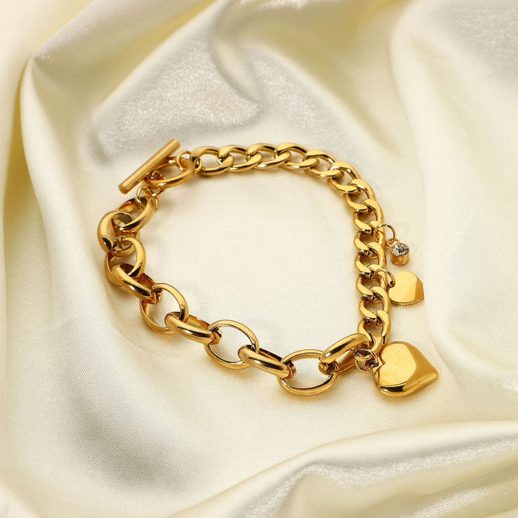 Cuban Chain Oval Chain Double Heart Small Round Zircon Pendant OT Buckle Bracelet18K Gold-plated Stainless Steel Chain