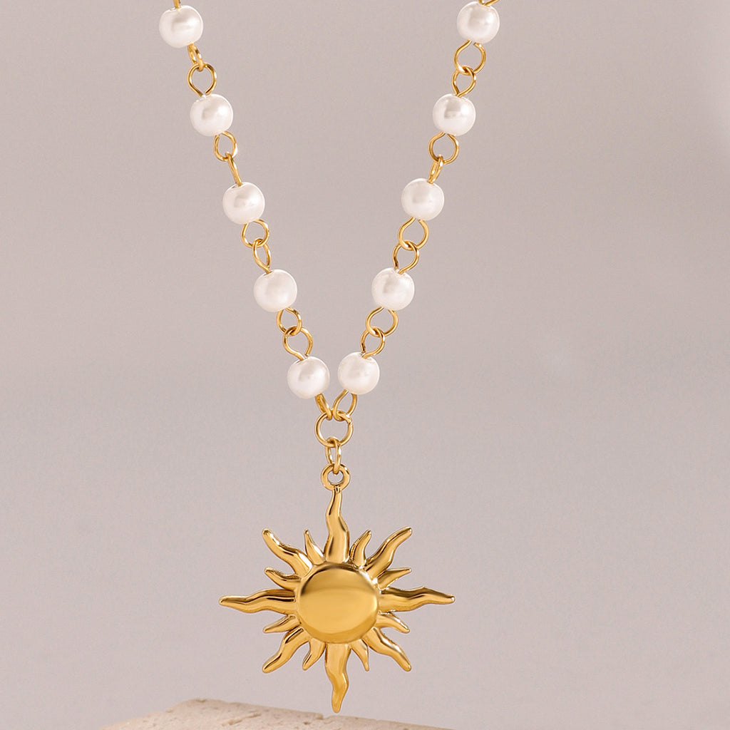 Stainless Steel Pearl Necklace Collarbone Chain Jewelry Sunflower Pendant Choker