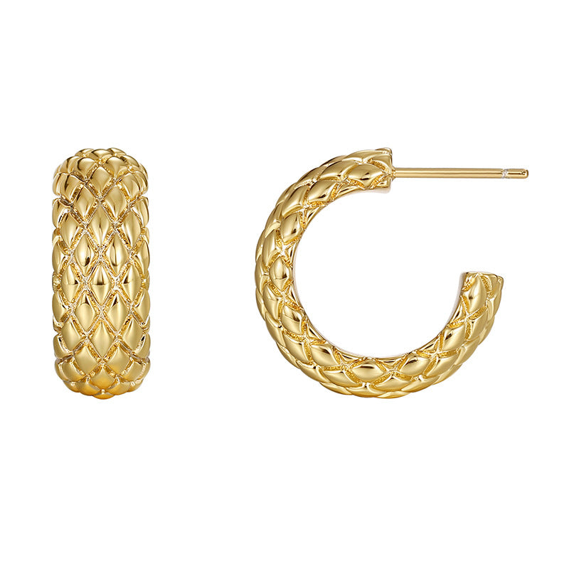 E0493 Fashion Retro C Snake Scale Pattern Earrings for Women, Copper Gold-Plated Simple Earrings