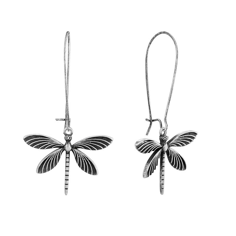E0713 Fashion Design Long Hook Earrings for Women Retro Dragonfly Earrings silver