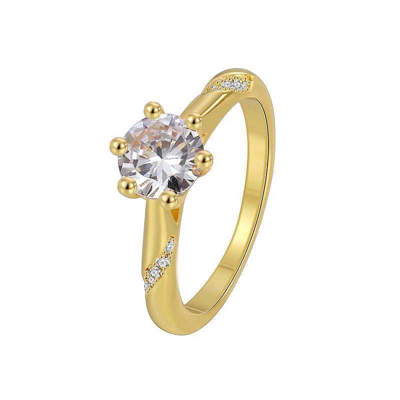 R0517 Simple Elegant Fashion Ring for Women Brass Gold-Plated Six-Prong Zircon Vintage Ring