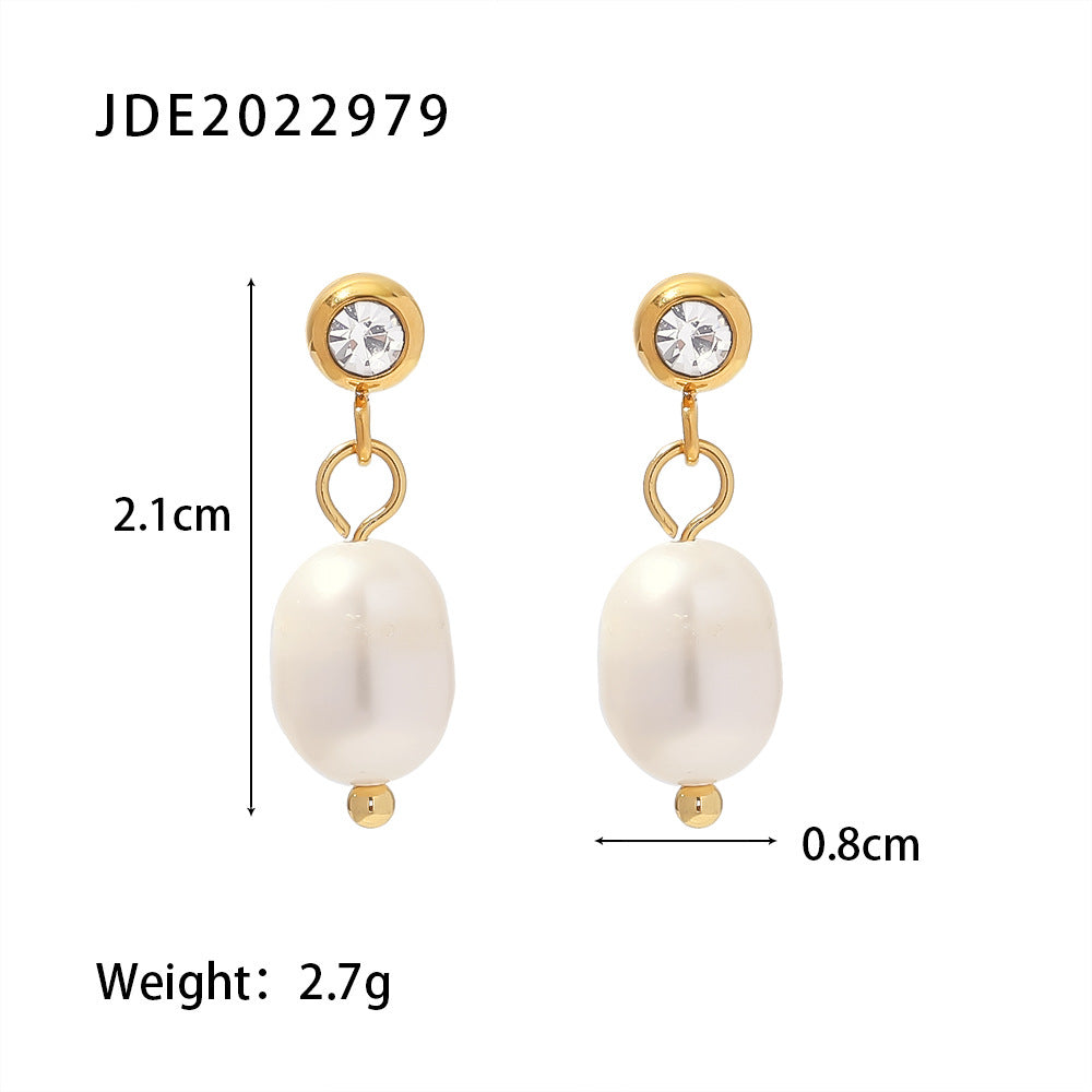 2H French Retro New Style Earrings Freshwater Pearl Hoop Earrings Stainless Steel Plating18K Gold Stud Earrings for Women