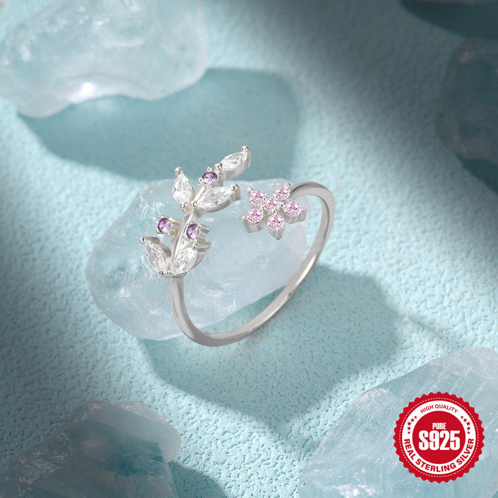 925Sterling Silver Leaf Pink Floral Creative Open Ring Marquise Zircon Combined Design Non-Collision Index Finger Ring