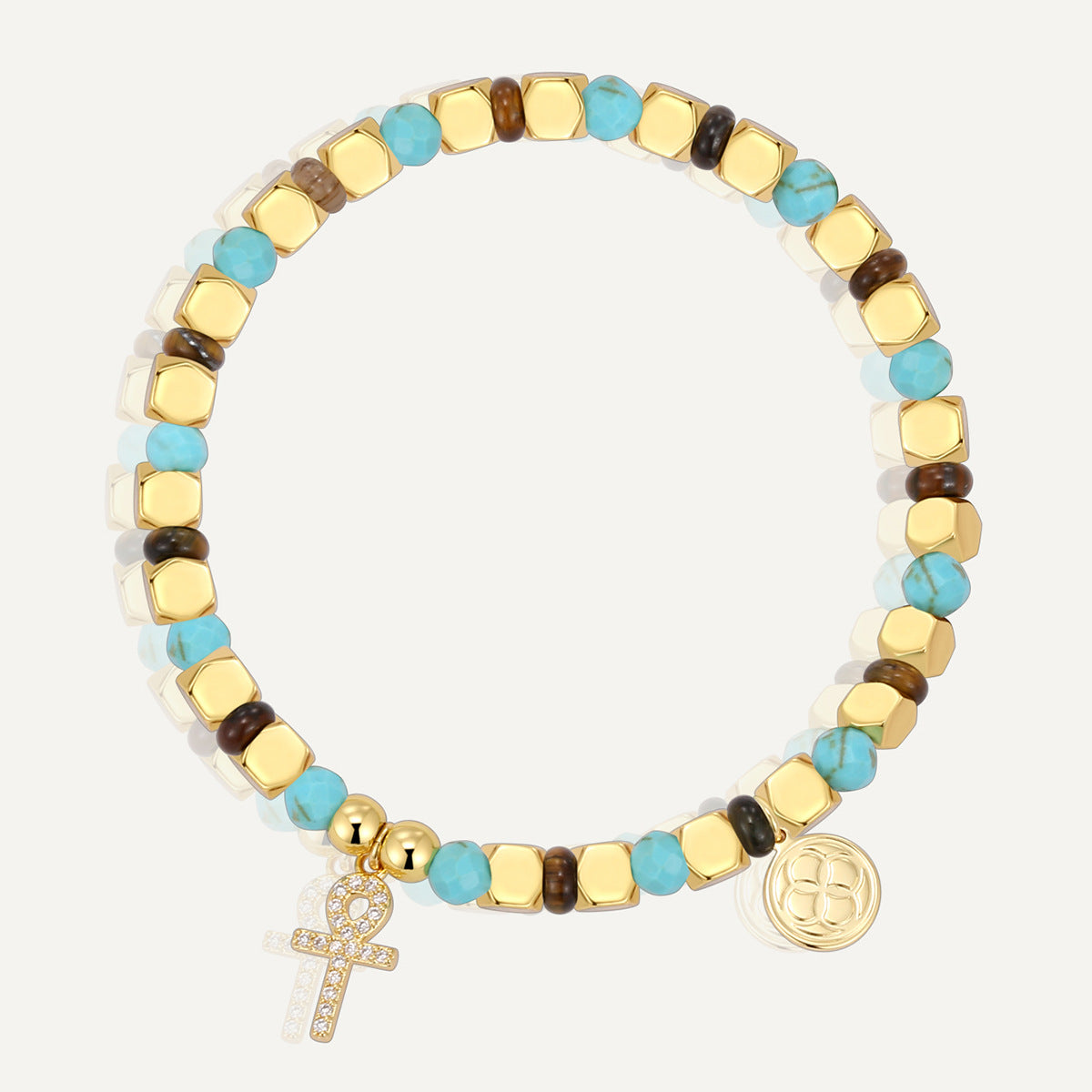 B0293 Geometric Cross Inlaid Zircon Beaded Blue Pine Tiger Eye Stone Bracelet