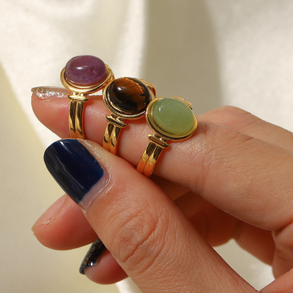 Same style ring18K Golden Oval Tiger Eye/green/Purple Semi-Precious Stone Open Ring for Women