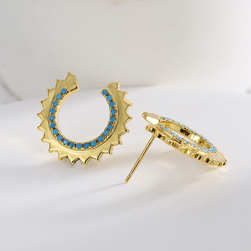 E0041 Copper Plated Real Gold Gear Type Stud Earrings for Women fashion Blue Turquoise Earrings