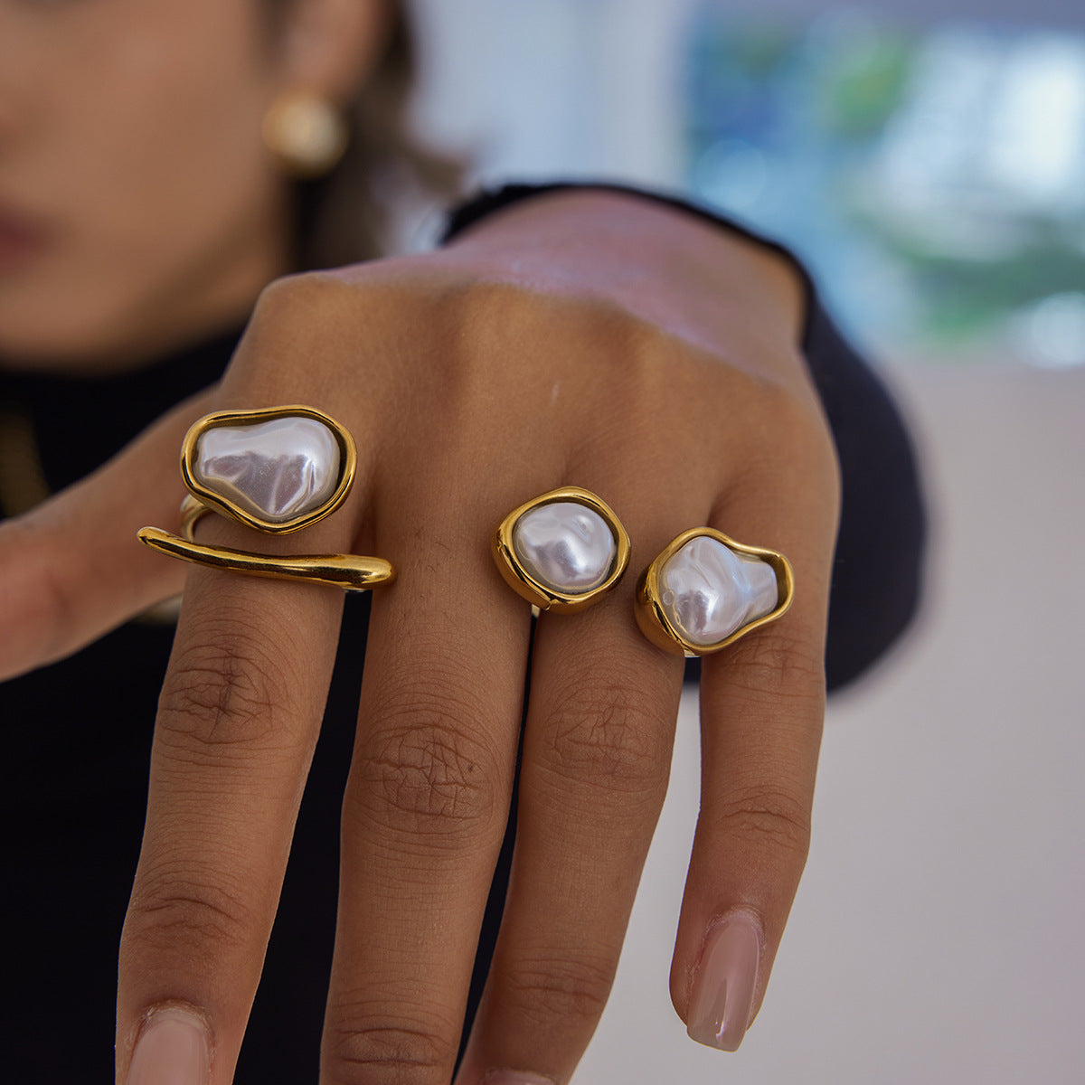 Imitation Baroque Pearl Ring Non-Fading Stainless Steel Autumn Winter Jewelry for Women