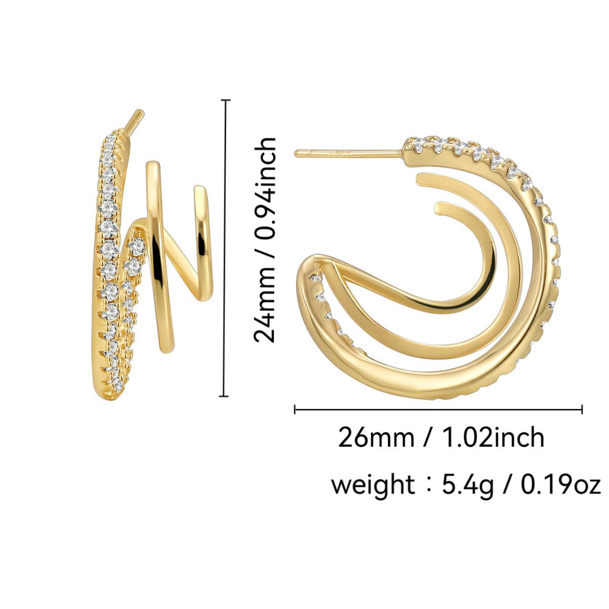 E0290 Earrings Three Circle Copper Inlaid Diamond Exaggerated Round Metal Circle gold Earrings for Women