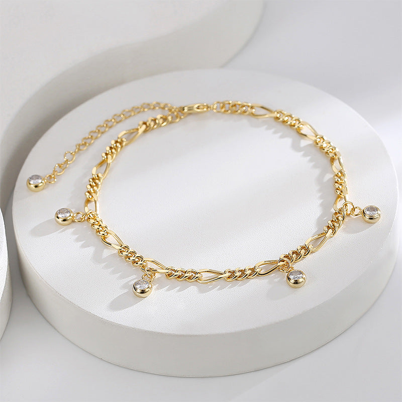 A0024 Hip-Hop Chain Zirconia Anklet for Women Copper Gold-Plated Fashion Retro Foot Jewelry