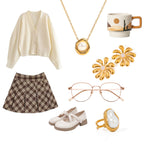 2H Stainless Steel Pearl Necklace Ring Exaggerated Earrings Set Decorations