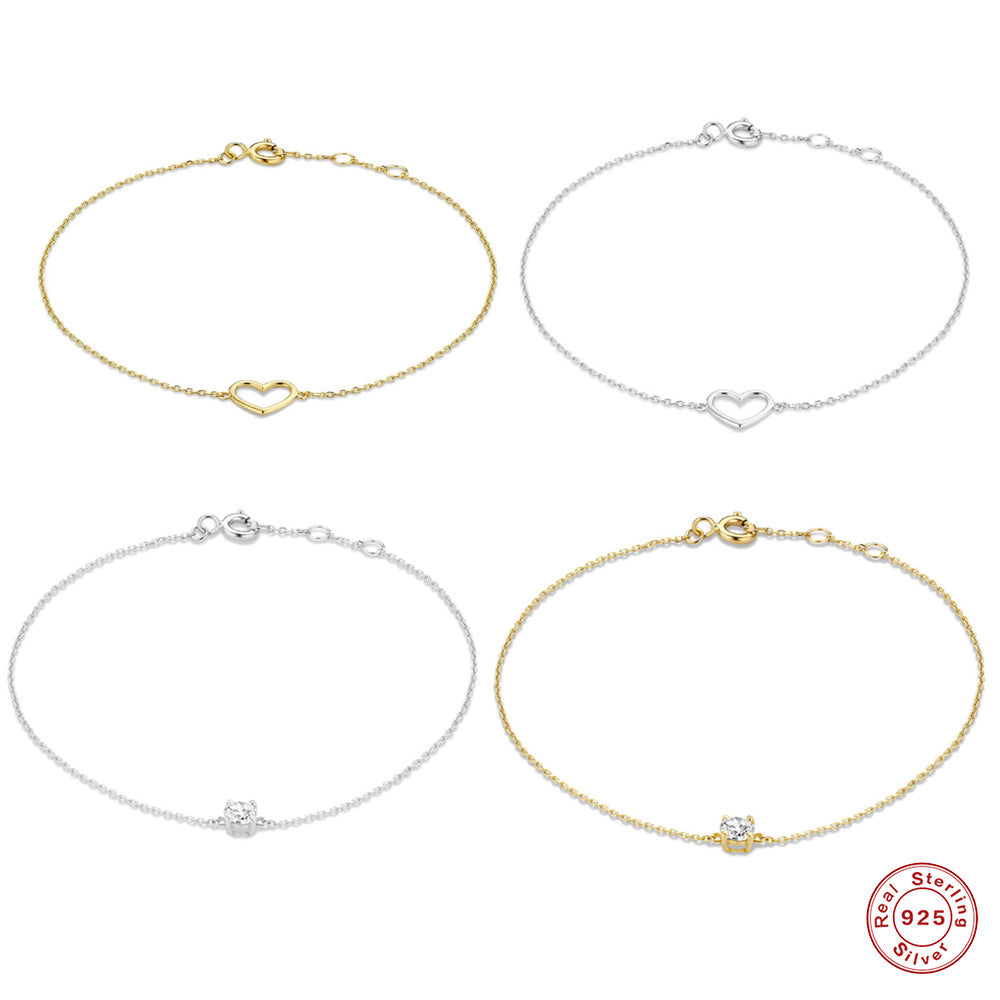 S925 Sterling Silver Diamond Heart Bracelet for Women Korean Style