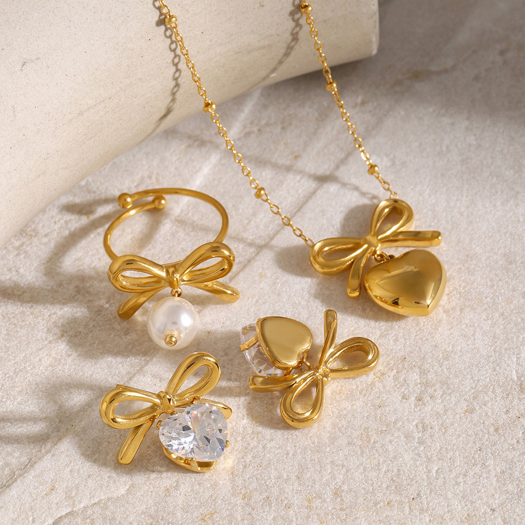 Stainless Steel Bow Necklace Zircon Stud Earrings Ring18k Gold accessories