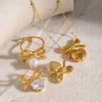 Stainless Steel Bow Necklace Zircon Stud Earrings Ring18k Gold accessories