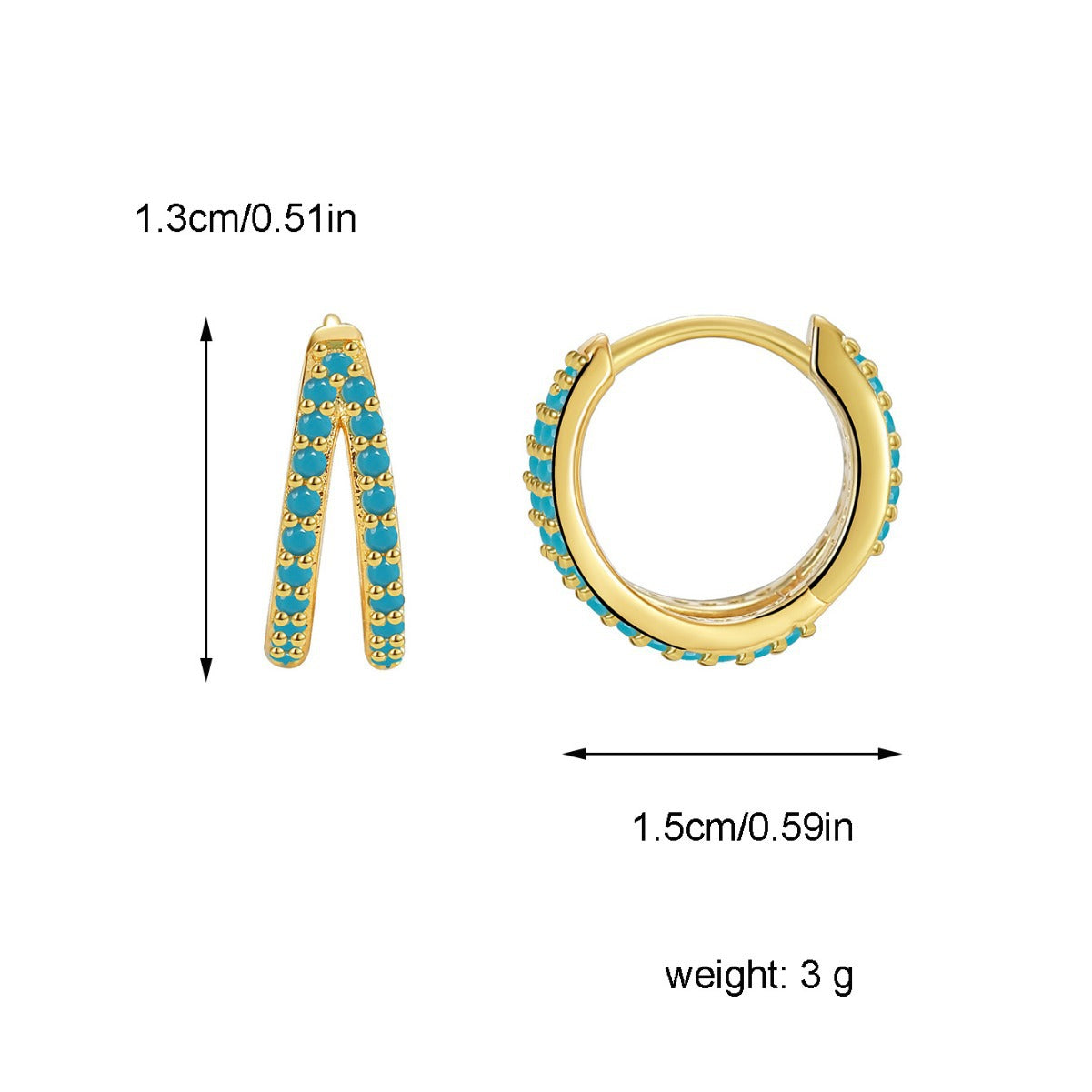 E0472 French Fashion Simple Versatile Blue Turquoise Round Double Layer Earrings for Women Copper Gold Plated Hoop Earrings