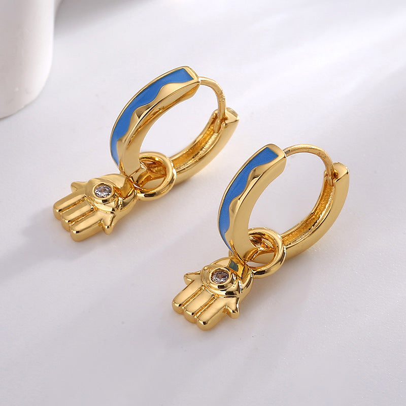 E0703 Creative Palm Inlaid Demon Eye Zircon Earrings for Women Fashion Hip-Hop Style Resin Earrings