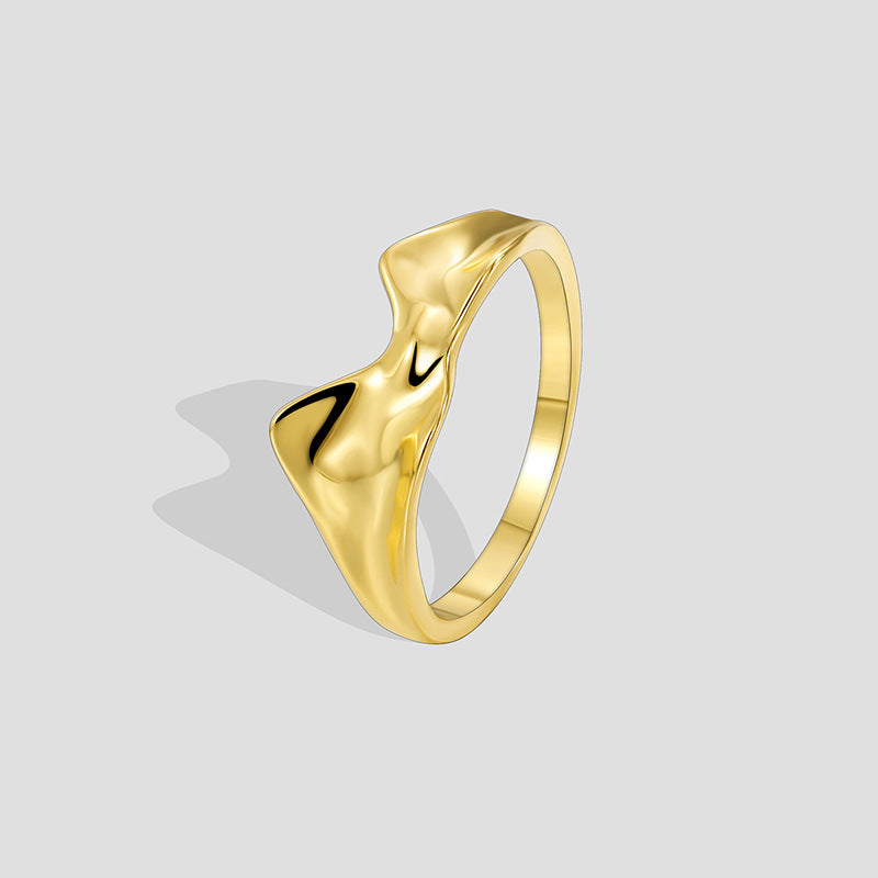 R0466 Fashionable Design Ring for Women, Brass Gold-Plated Wave Pattern Versatile Tail Ring