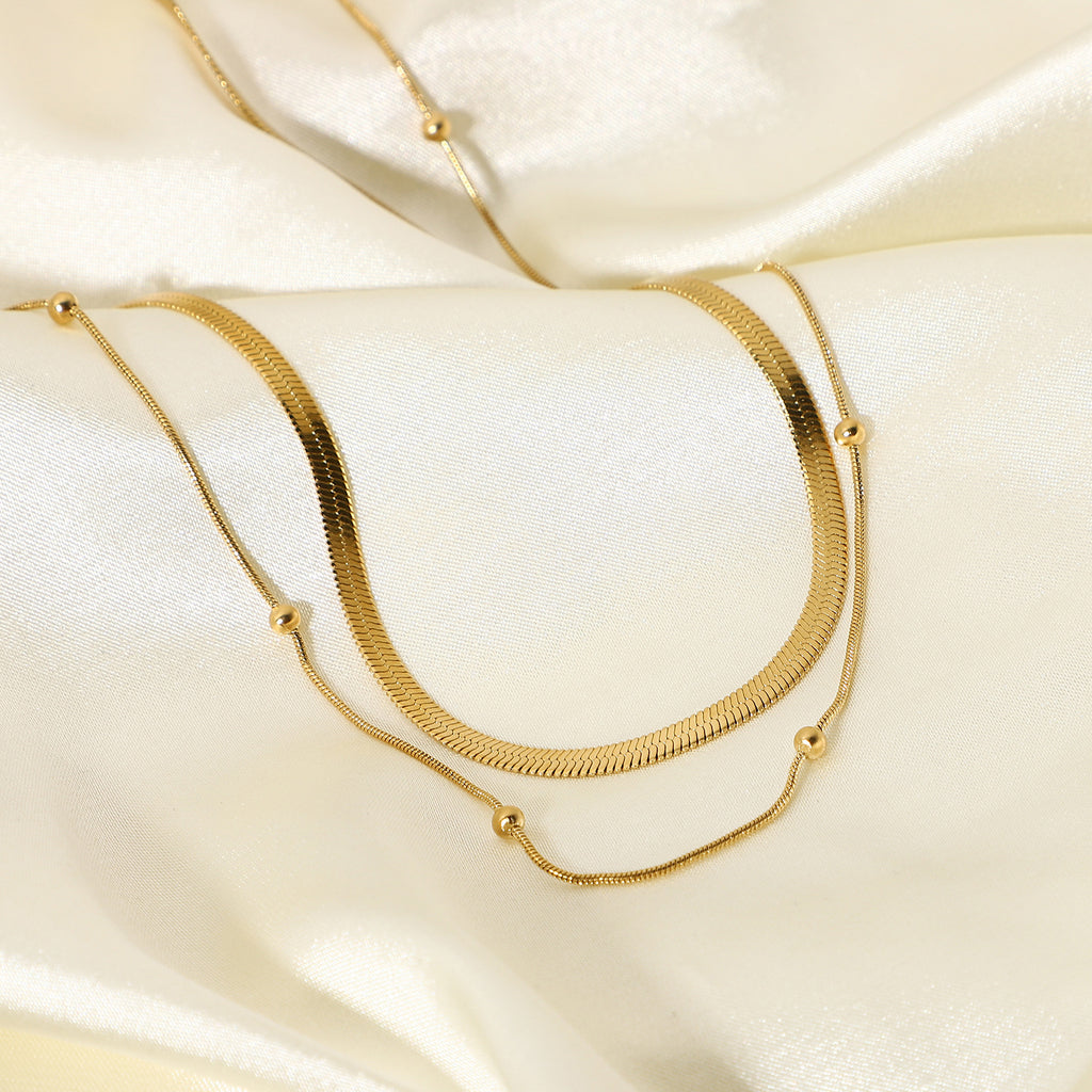 New Fashionable Layered Stainless Steel Choker Necklace 14K Gold Plated Round Bead Chain Jewelry Snake Chain Necklace for Women