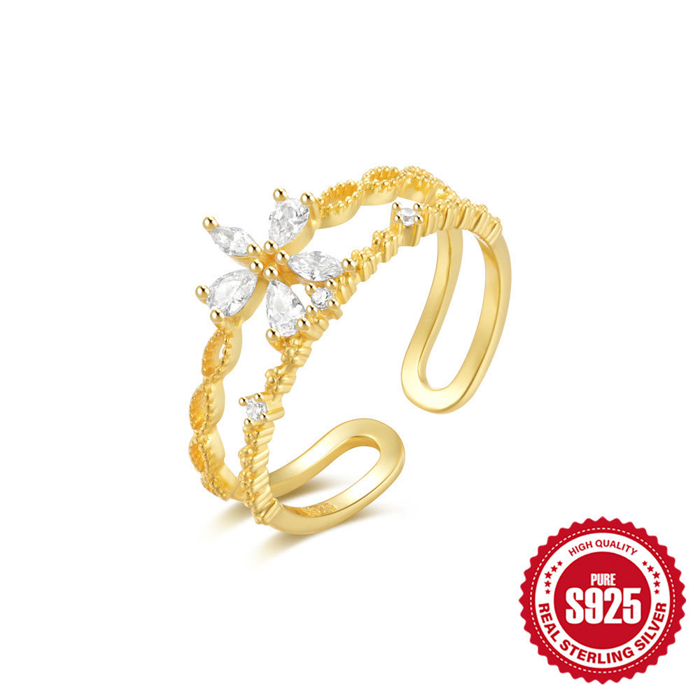 S925Sterling Silver Ring Micro Pave Colored Diamond Ring New Double Layer Design Sense Strong Open Ring