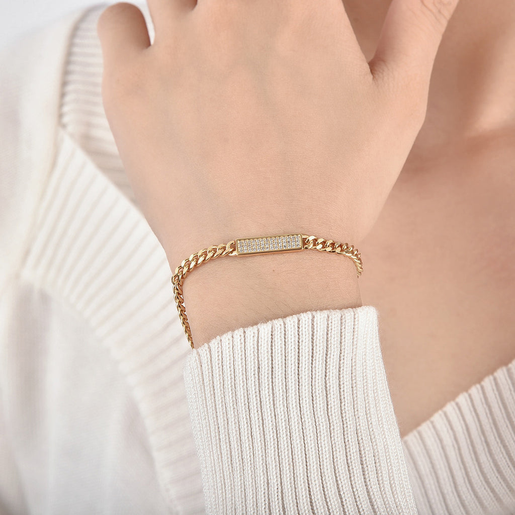 Gold-Plated Brass Cuban Link CZ Chain Bracelet with Linked Detail with cubic zirconia design details