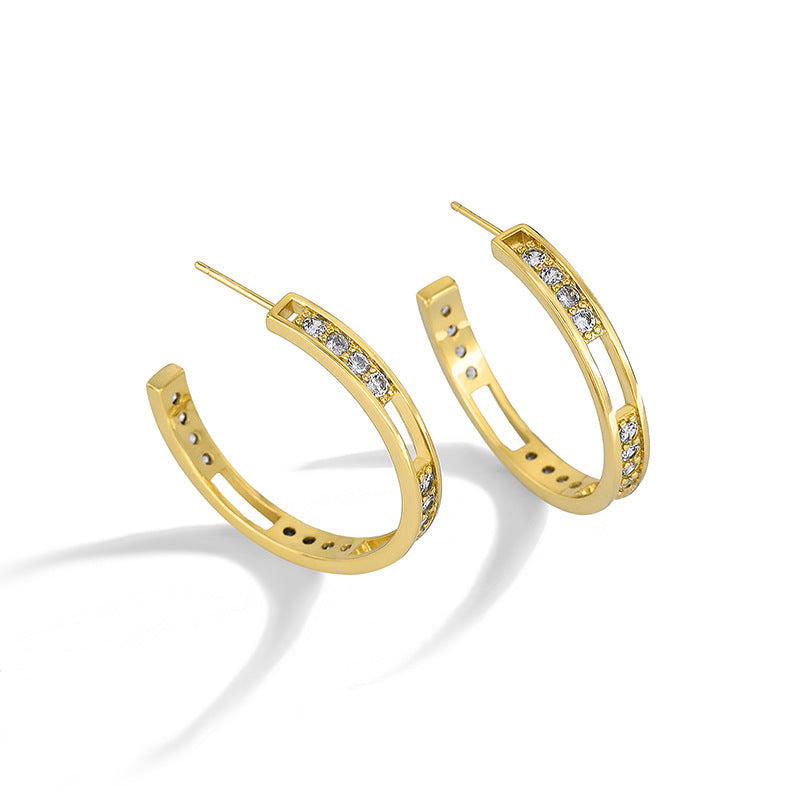 E0234 S925Silver Needle Copper Inlaid with Zirconia C Simple Large Hoop Earrings for Women Round Circle Stud Earrings