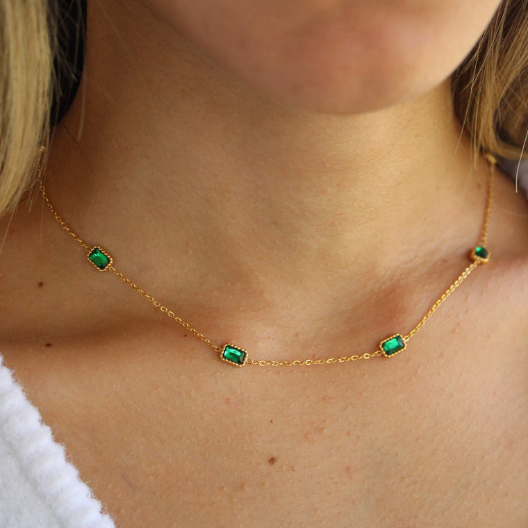 2H Square Shape Emerald Zircon Necklace Collarbone Chain Necklace Bracelet