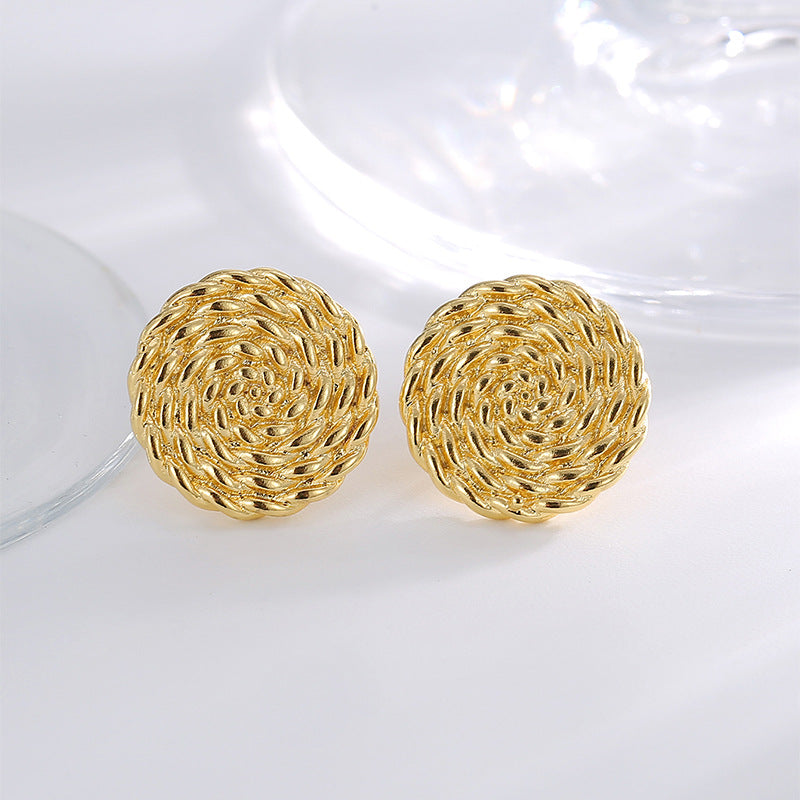 E0784 Vintage Twisted Pattern Earrings for Women, Brass Gold-Plated, Exaggerated Round Autumn Winter Style Earrings
