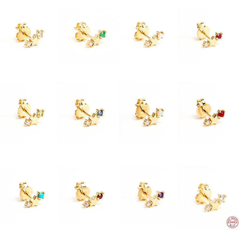 S925Sterling Silver Five-Pointed Star Zodiac Birthstone Inlaid Diamond Stud Earrings Creative Earrings Jewelry