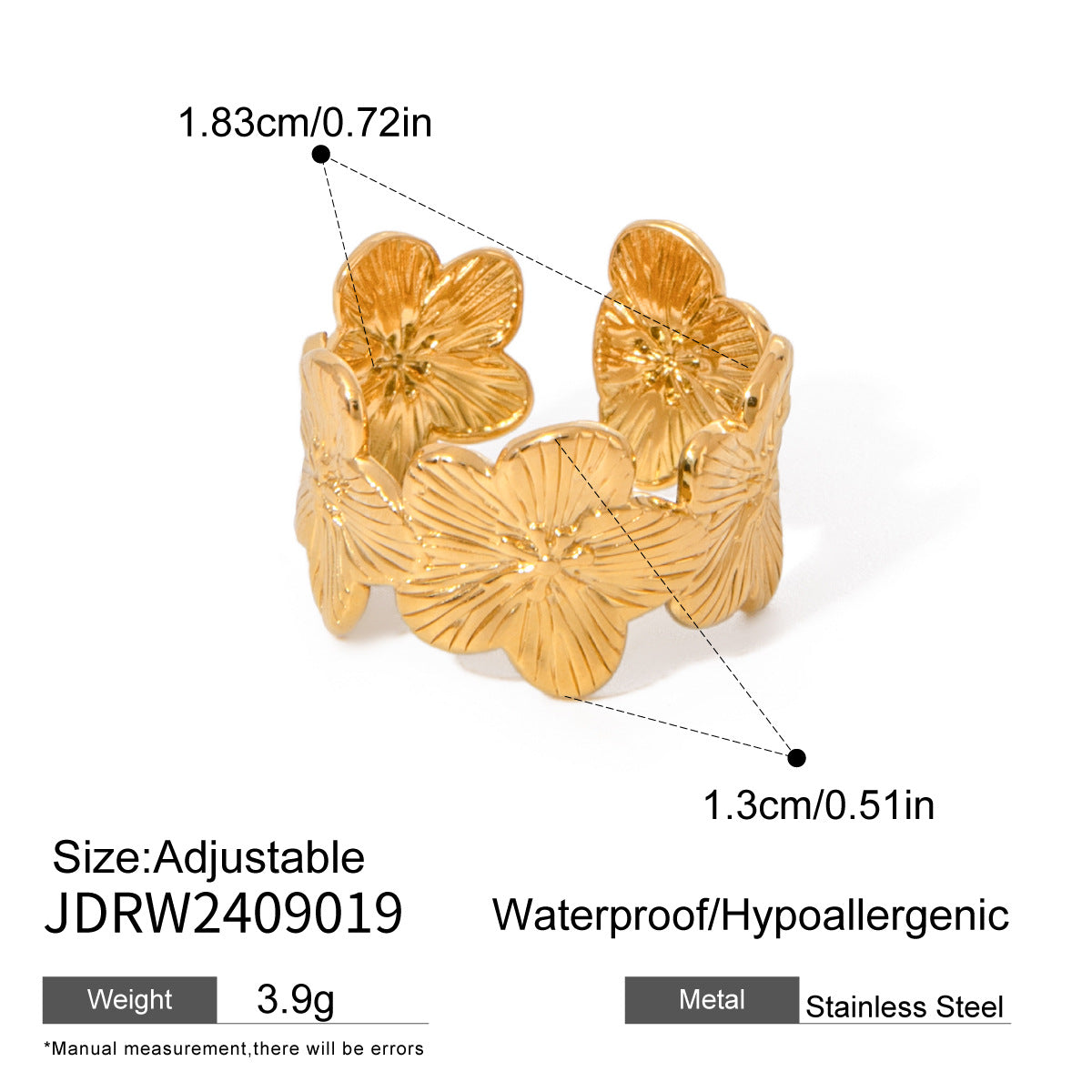 Stainless Steel Flower Open Bracelet Ring rings