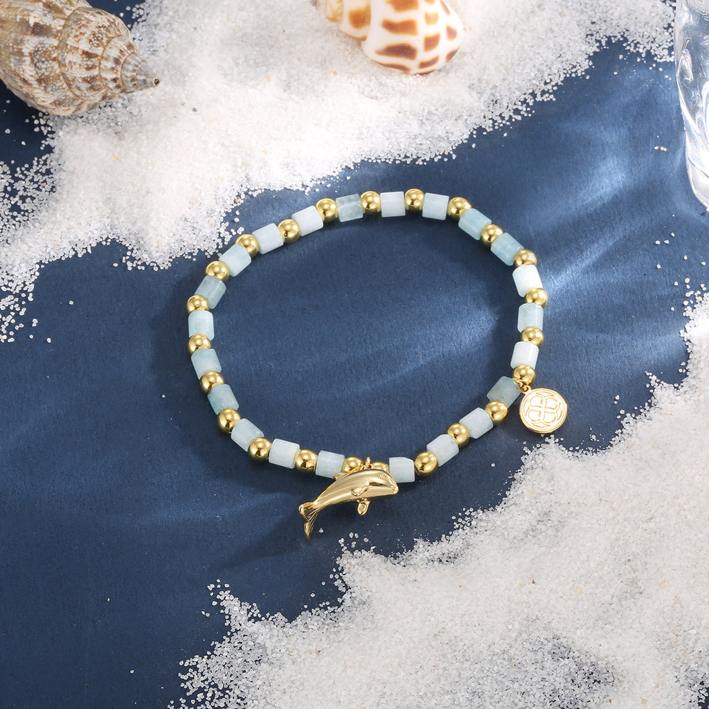 CYB0235 Copper plating14k Gold Dolphin Gemstone Beaded Ocean Bracelet