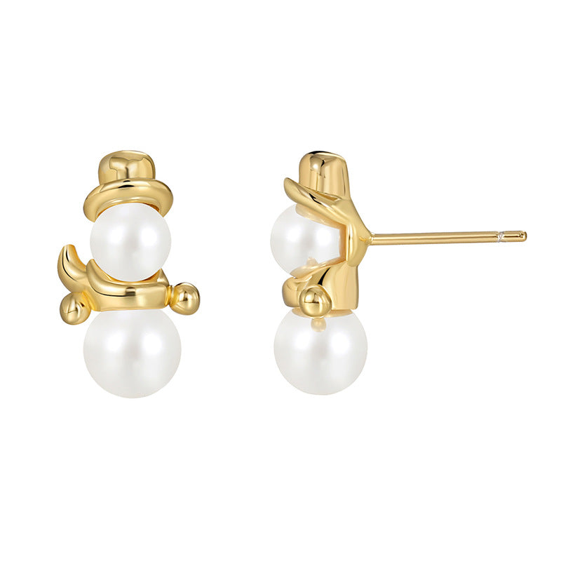 E0538 Christmas Accessories Simple Versatile Design Earrings for Women Copper Plated Real Gold Shell Pearl Snowman Shape Stud Earrings