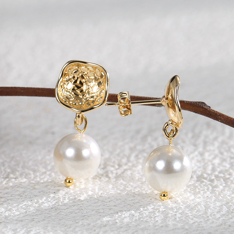 E0374 Bohemian Pearl Earrings for Women Baroque Vintage Hammered Pattern Fashion Earrings Drop Earrings