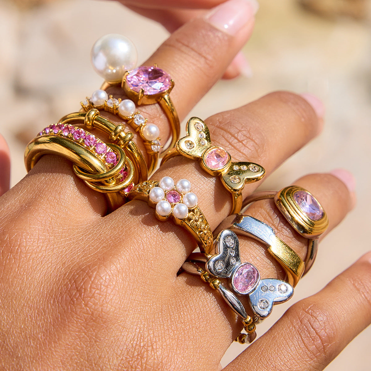 Stainless Steel Pink Zircon Ring Non-Fading Jewelry Non-Fading Accessories