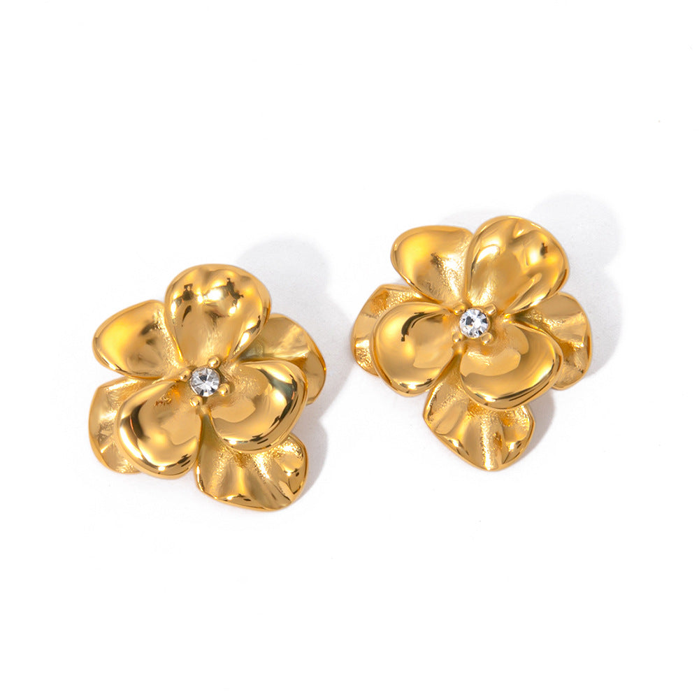 French-style Design Metal Flower Earrings Fashionable and Elegant18K Gold Five-Petal Flower Earrings