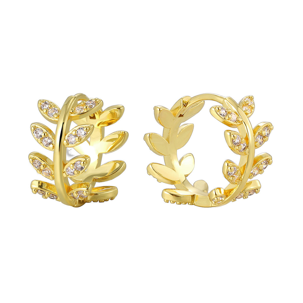 E0524 Fashion Wheat Ear Design Earrings for Women, Gold-Plated Olive Branch Zircon Autumn Winter Earrings