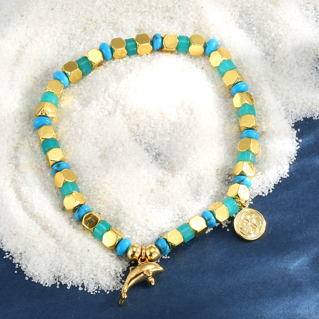B0328 Ocean Dolphin Pendant Beaded Bracelet Fashion Bohemian Blue Turquoise Bracelet