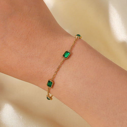 14K Gold-Plated Brass Square Green CZ Bracelet with cubic zirconia design details