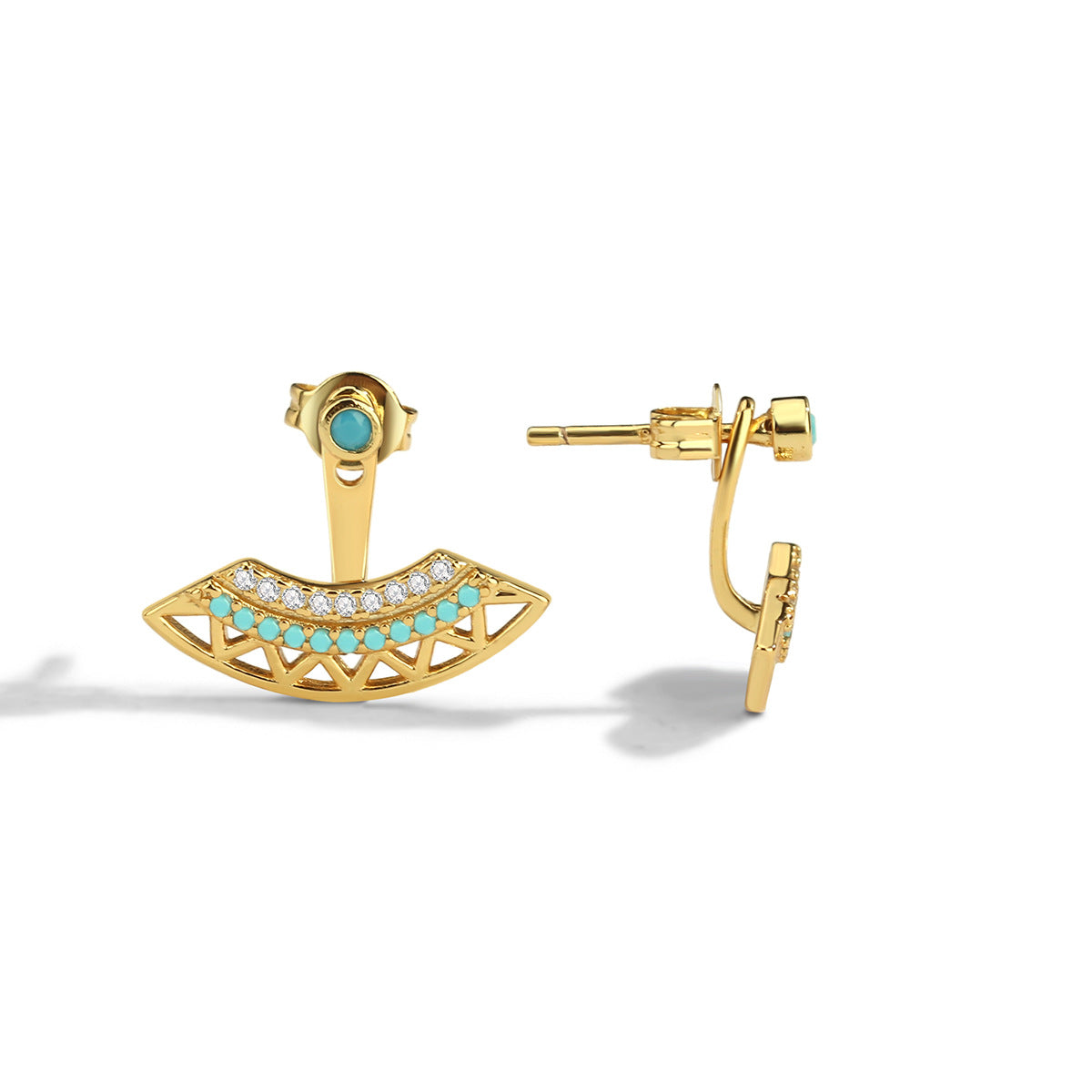 E0317 Bohemian Style Front and Back Split Earrings Geometric Hollow Fan-Shaped Blue Turquoise Earrings for Women