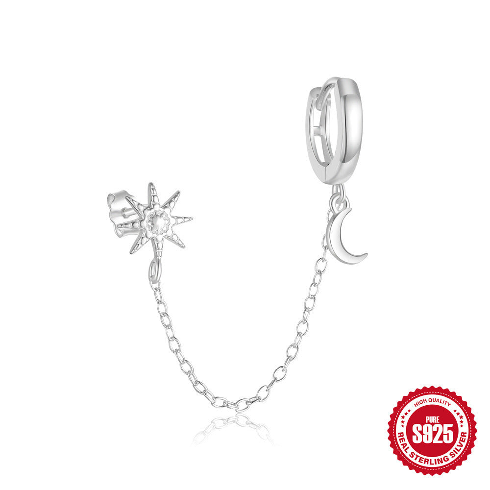 S925Sterling Silver Star Moon Tassel Chain Diamond Earrings Korean Style Love Heart Design Bright Silver Earrings for Women