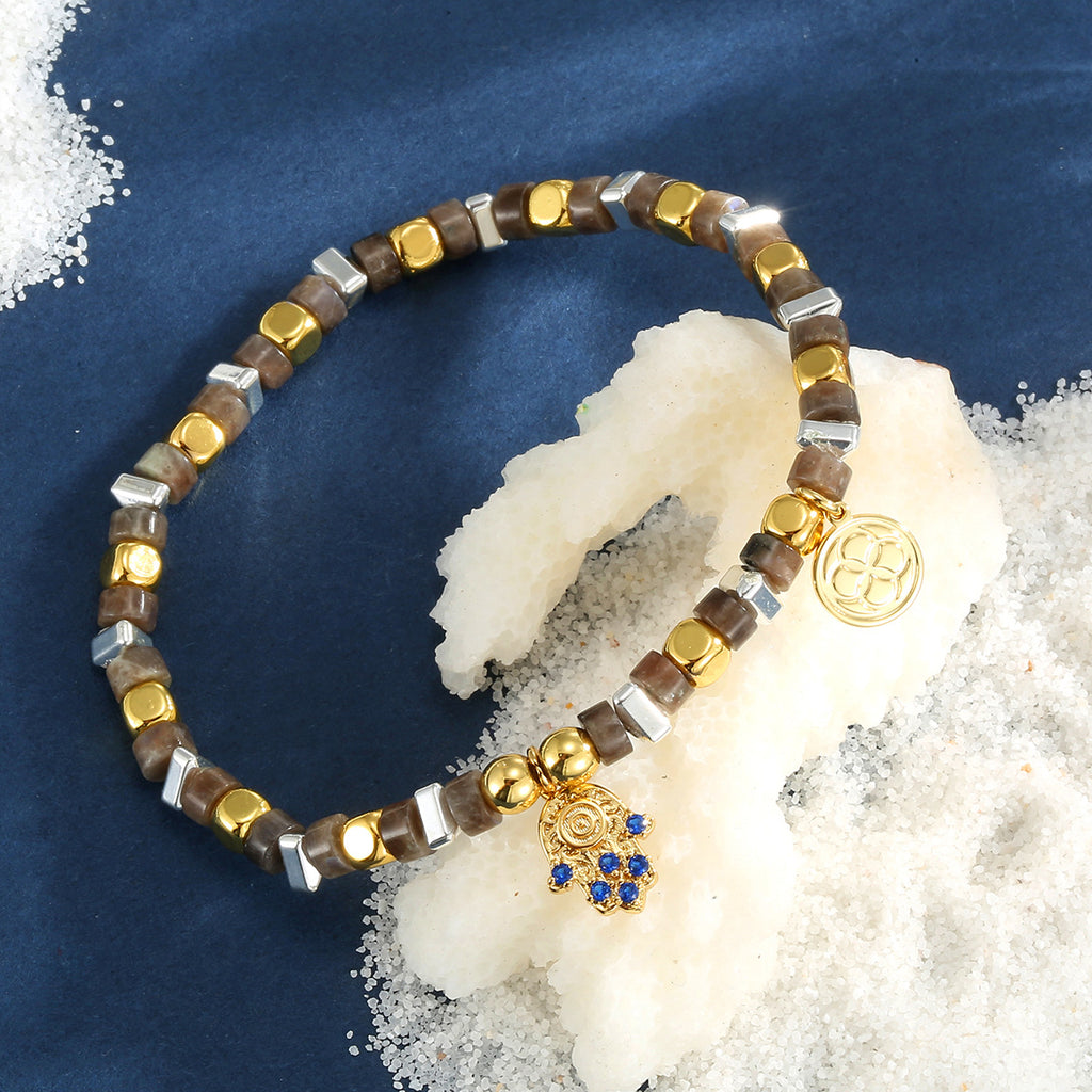 Gold-Plated Brass Beaded Blue CZ Bracelet in a gold-tone brass finish