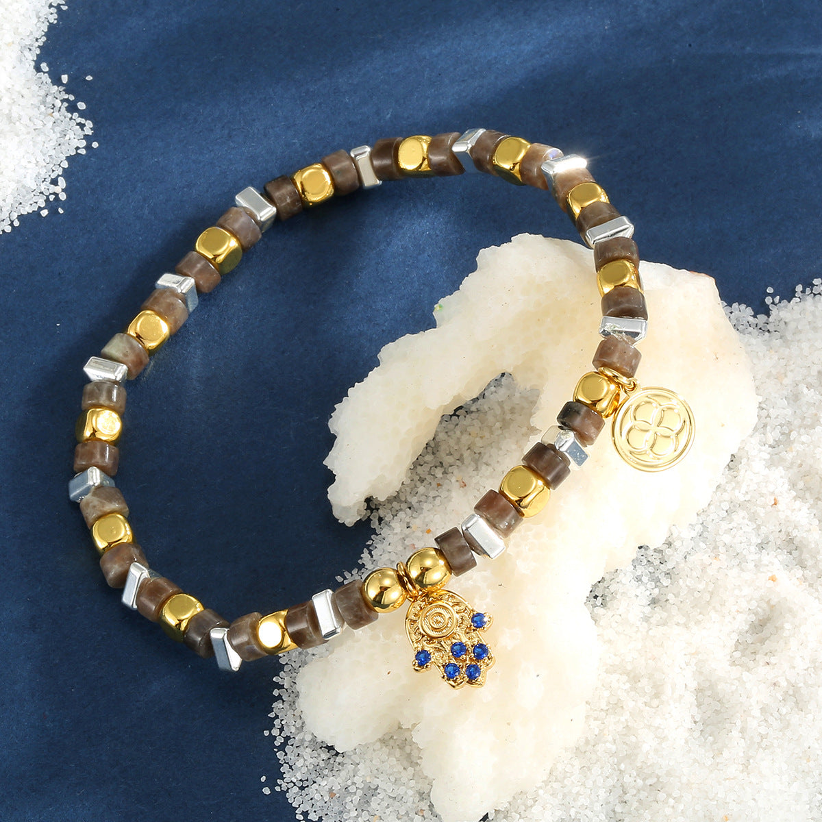 B0329 Vintage Melad Color Beaded Palm Inlaid Blue Zircon Fashion Bracelet